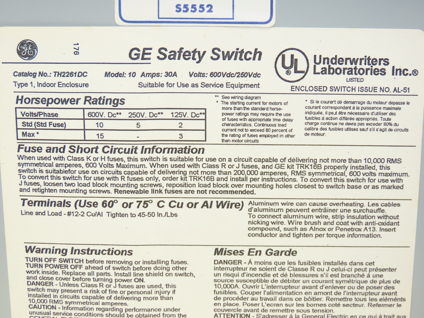 General Electric TH2261DC Safety Disconnect Load Switch 600V DC 10Hp 30A 2 Pole
