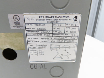 Rex Power Mag BC3H-S2 Stepdown Power Iso Transformer 3kva 3Ph HV 480D LV 220/127