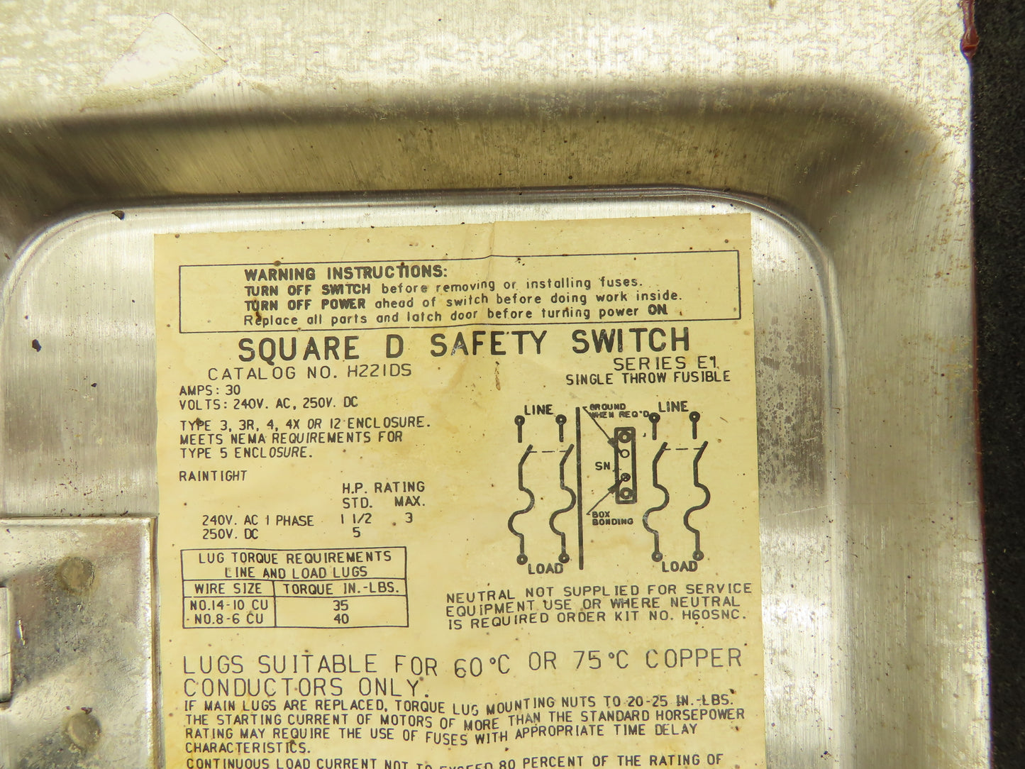 Square D H221DS Safety Disconnect Load Switch 240VAC 30A 2 Pole Stainless Steel