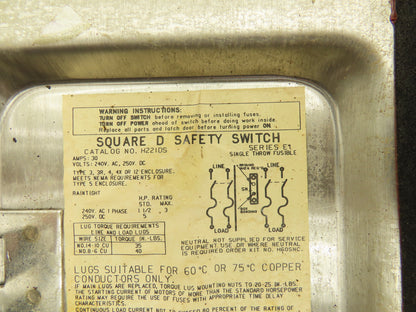 Square D H221DS Safety Disconnect Load Switch 240VAC 30A 2 Pole Stainless Steel