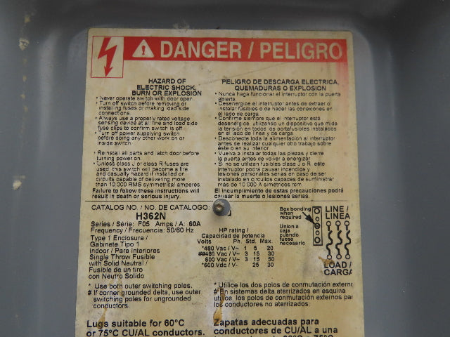 Square D H362N Fused Safety Disconnect Switch 60A 600VAC 600VDC 3 Pole
