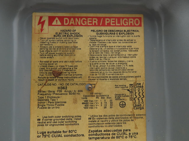 Square D H362 Heavy Duty Fused Safety Disconnect Switch 60A 600VAC Series F05