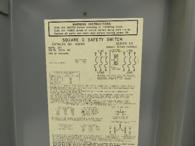 Square D H323A Safety Disconnect Load Switch 100A 240V AC 15Hp 3 Pole