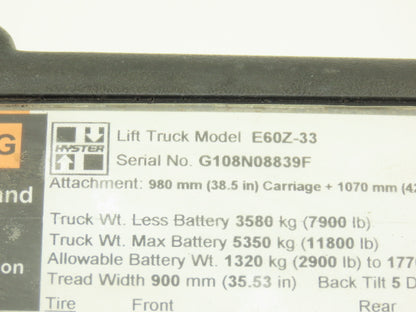 Hyster E60Z-33 Forklift Sideshift 3 Lever Controls And Model Label