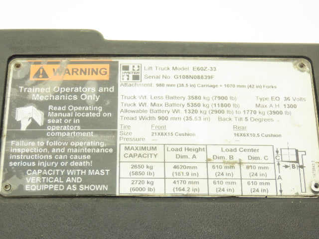 Hyster E60Z-33 Forklift Sideshift 3 Lever Controls And Model Label