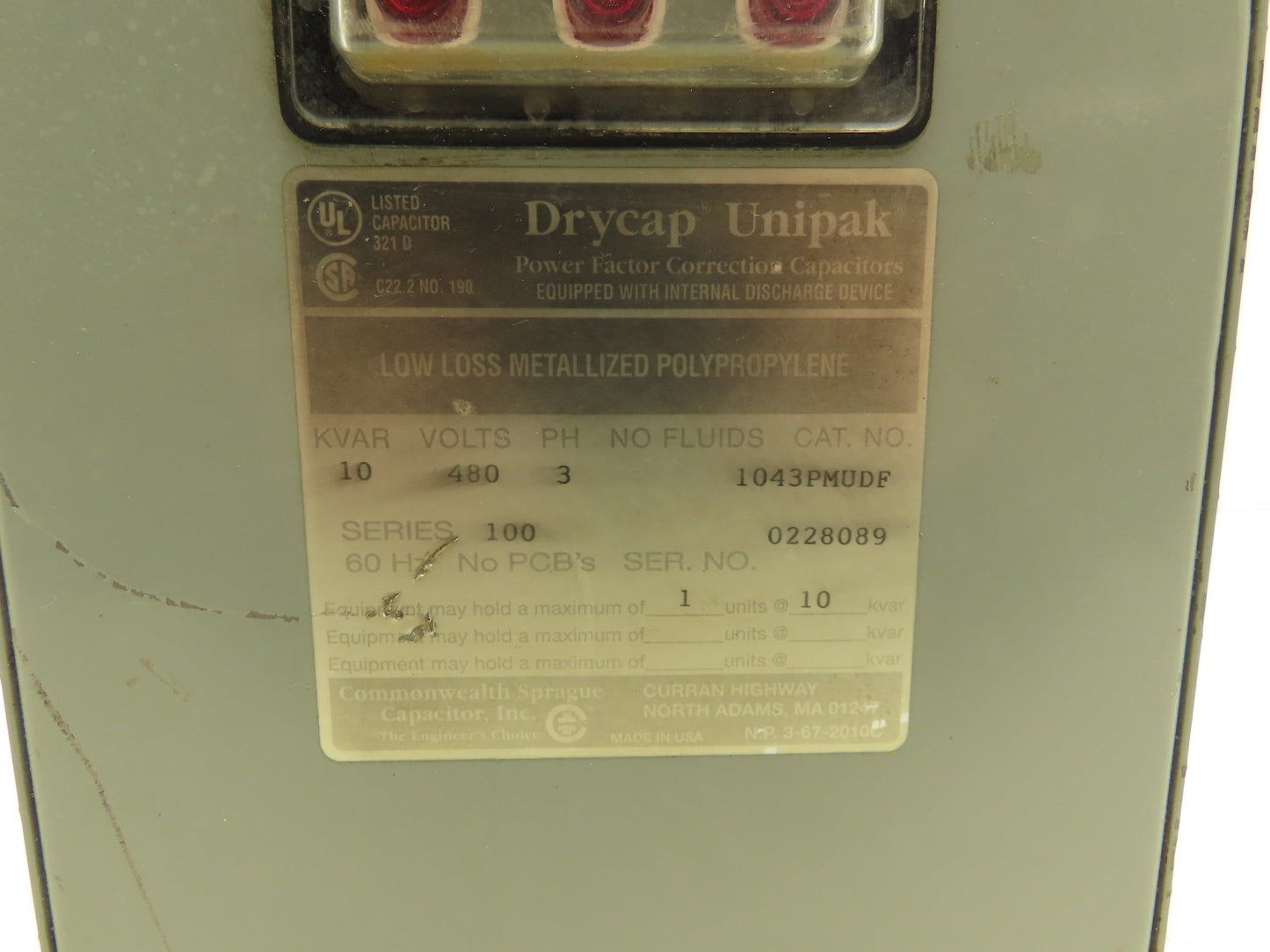 Drycap Unipak 1043PMUDF Power Factor Correction Capacitor 10 KVAR 480 Volts