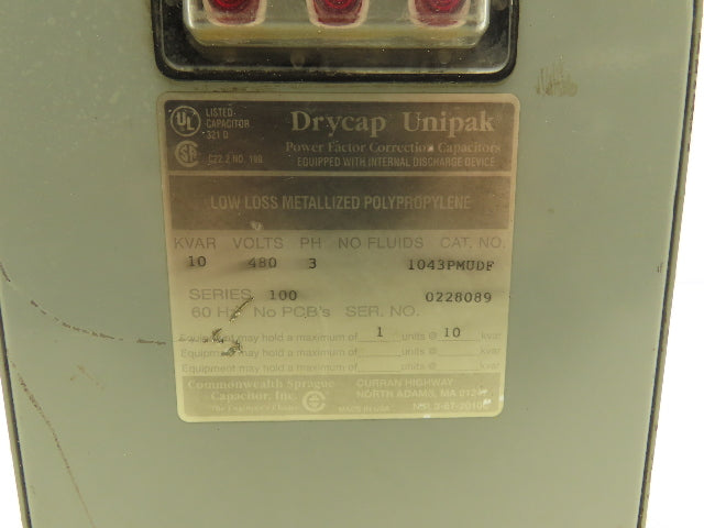 Drycap Unipak 1043PMUDF Power Factor Correction Capacitor 10 KVAR 480 Volts