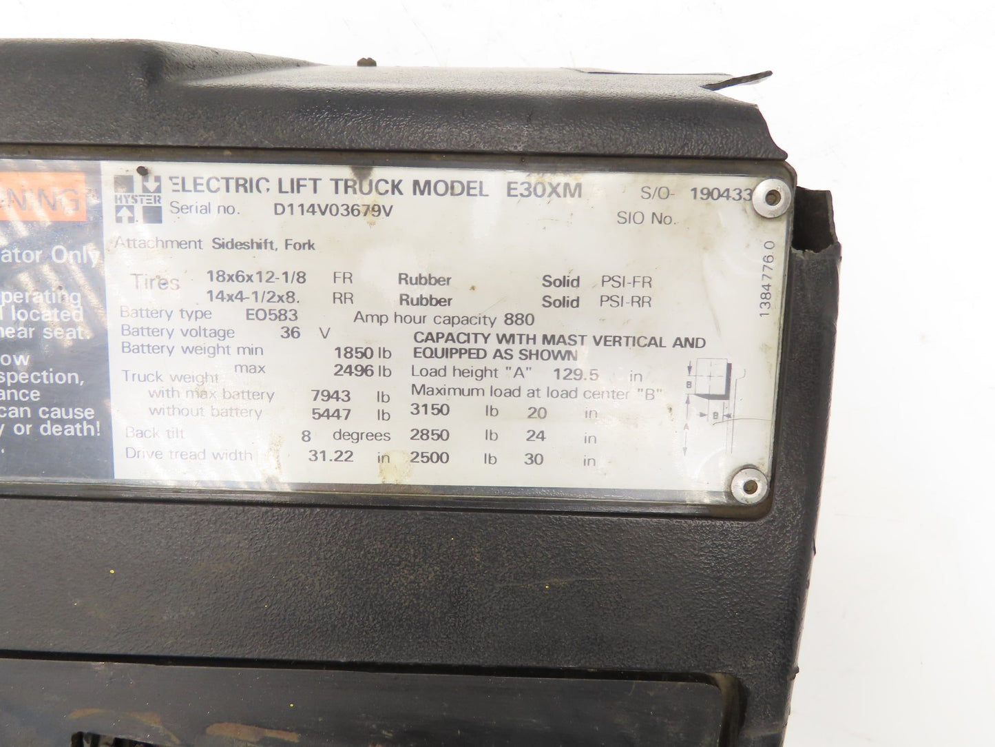 Hyster E30XM Forklift Sideshift 3 Lever Controls And Model Label