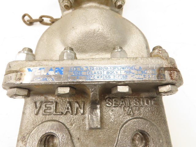Velan L12-0320B-13BL 4" 316 Stainless Knife Gate Valve Rising Stem Metal Seat
