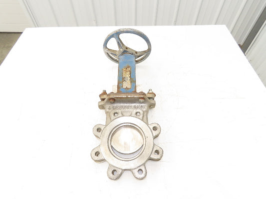 DeZurik 827 4" Stainless Lug Knife Gate Valve Rising Stem Metal Seat 316SS