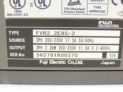 Fuji Electric FVR2.2E9S-2 VFD AC Drive 2.2kW 11A 400Hz Out 17.3A In 200-230V