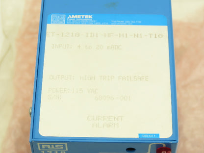 Ametek Power Instruments ET-1218 Single Adjustable High Voltage Alarm 115vac