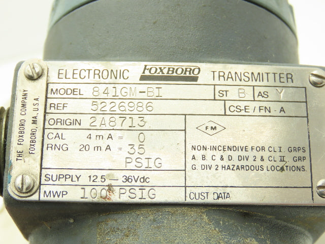 Foxboro 841GM-BI Electronic Pressure Transmitter 12.5-36vdc 100psi 7.5" Flange