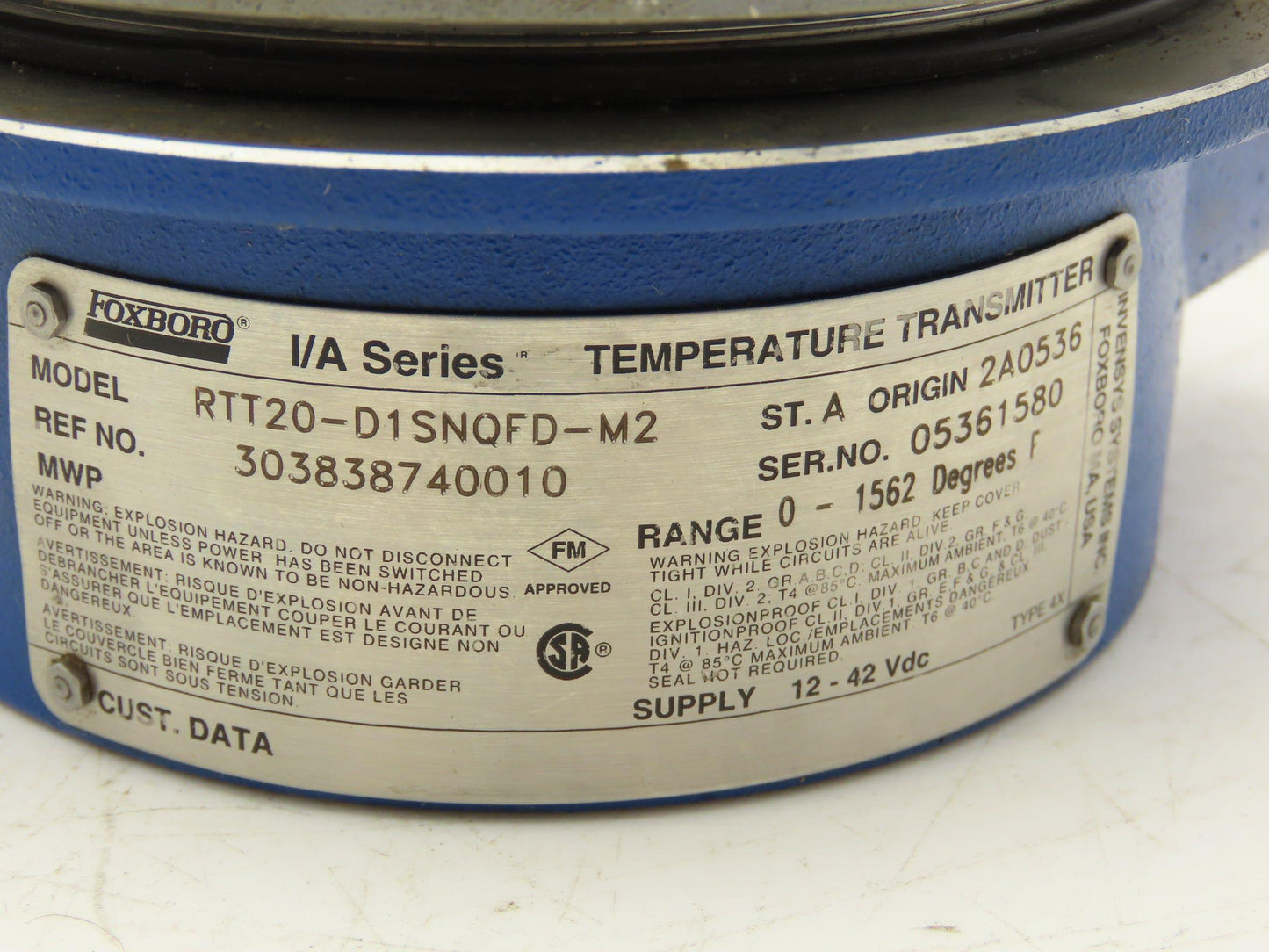 Foxboro RTT20-D1SNQFD-M2 Temperature Transmitter I/A Series 12-42vdc 0-1562° F