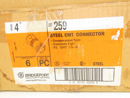 Bridgeport 259 EMT Connector Fitting 4" Steel Compression Box Adaptor Lot of 6