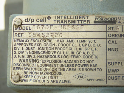 Foxboro 867DF-HD1SSE Intelligent Pressure Transmitter 12.5-42vdc 3" Flange
