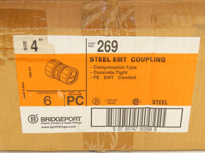 Bridgeport 269 EMT Conduit Coupling 4" Steel Compression Lot of 6
