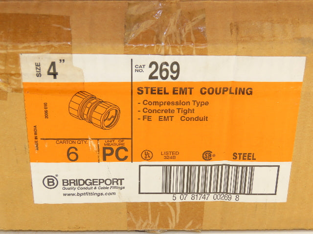 Bridgeport 269 EMT Conduit Coupling 4" Steel Compression Lot of 6