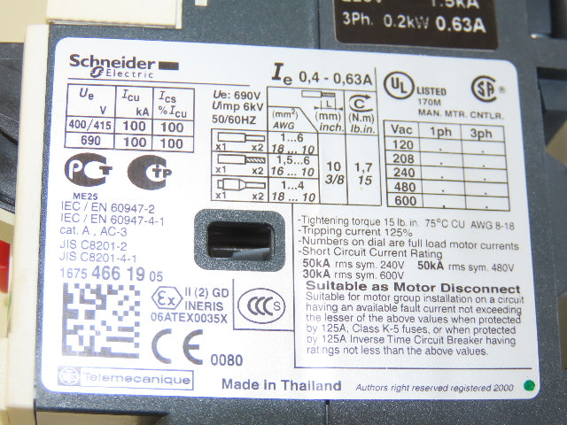Schneider Electric LP5K0610BW3 Reversing Contactor 600V 3Ph 0.4-0.63A Coil 24VDC