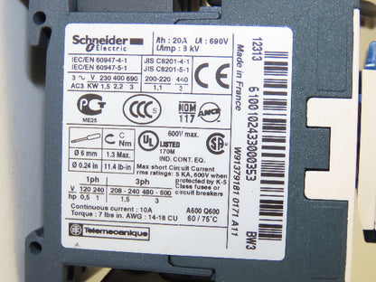 Schneider Electric LP5K0610BW3 Reversing Contactor 600V 3Ph 0.4-0.63A Coil 24VDC