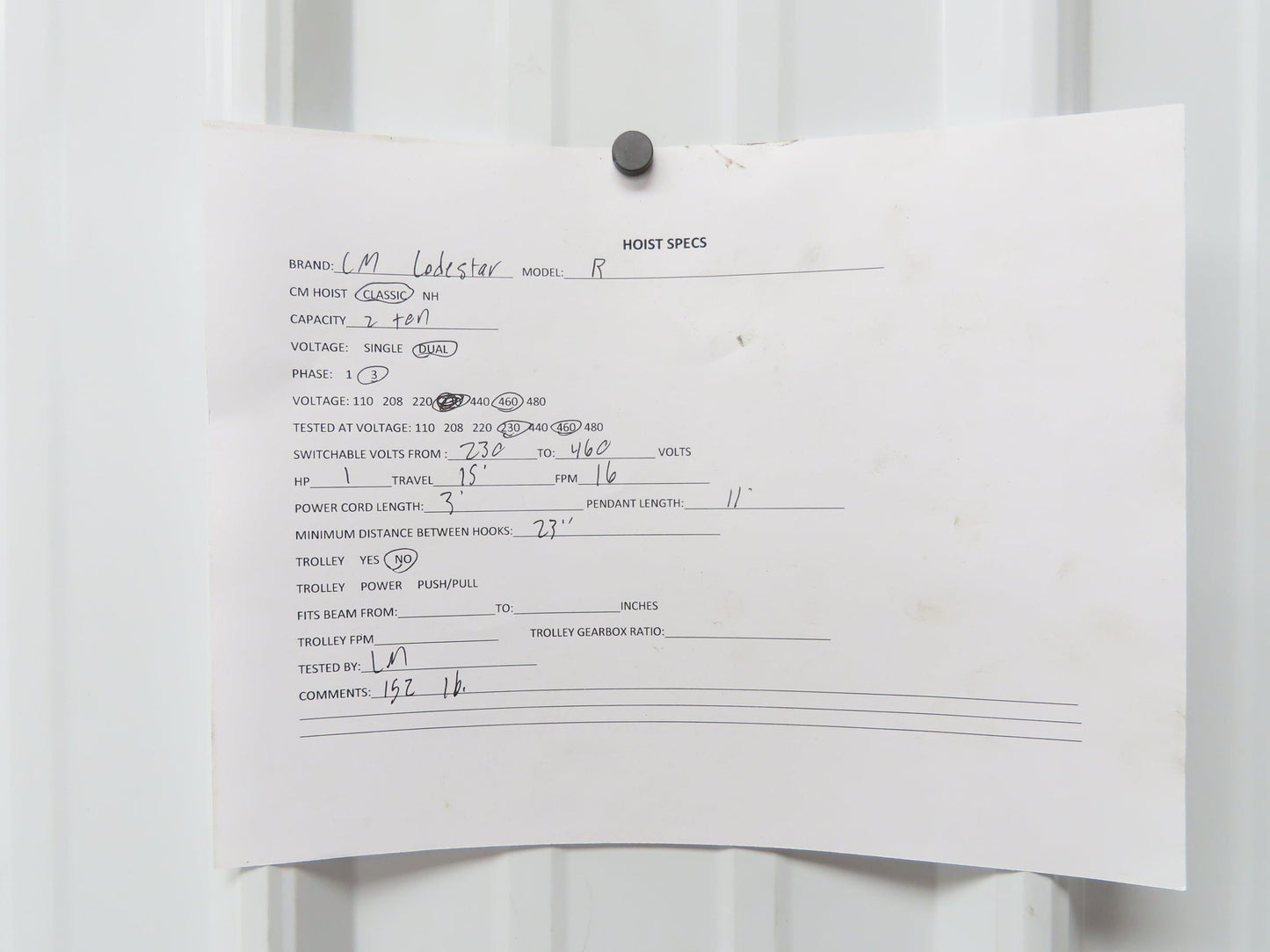 CM Lodestar R 2 Ton Electric Chain Hoist 8 FPM 15' Lift 11' Pendant 230/460 3 PH