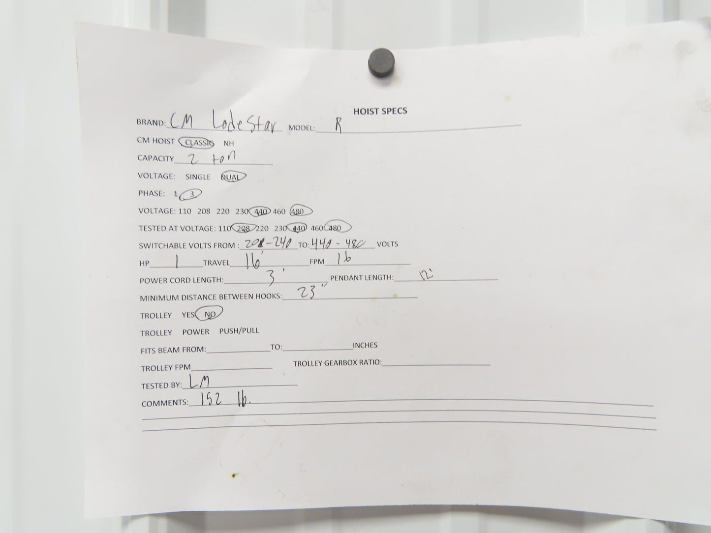 CM Lodestar R 2 Ton Electric Chain Hoist 8 FPM 16' Lift 12' Pendant 240/480 3 PH