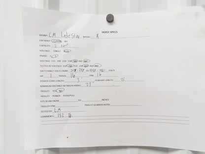 CM Lodestar R 2 Ton Electric Chain Hoist 8 FPM 16' Lift 12' Pendant 240/480 3 PH