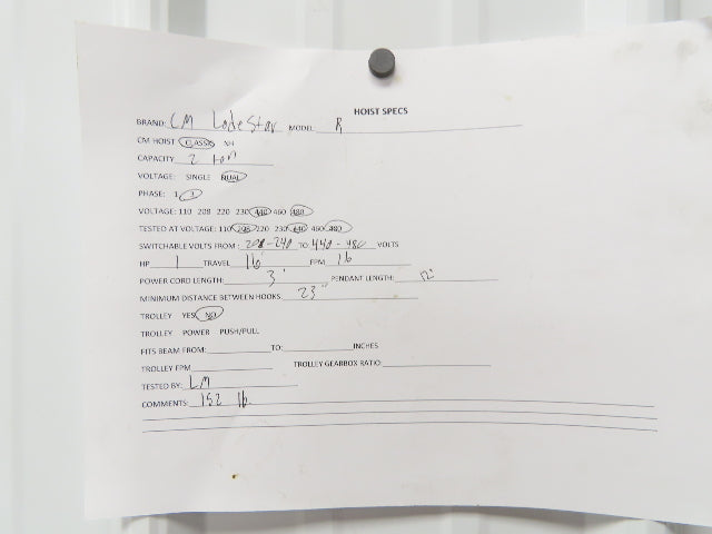 CM Lodestar R 2 Ton Electric Chain Hoist 8 FPM 16' Lift 12' Pendant 240/480 3 PH