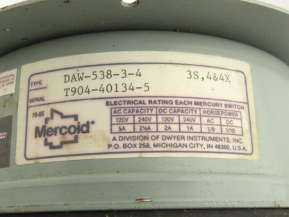 Mercoid Control DAW-538-3-4 Pressure Switch Mercury 0-150PSIG 120/240V