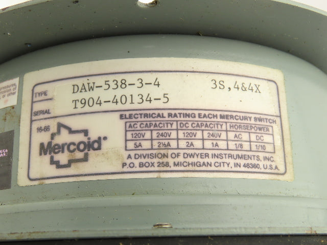 Mercoid Control DAW-538-3-4 Pressure Switch Mercury 0-150PSIG 120/240V