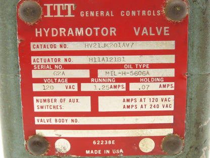 ITT Hydramotor HV21JK201AV7 Motorized Control Valve 2-1/2"NPT Bronze 120V