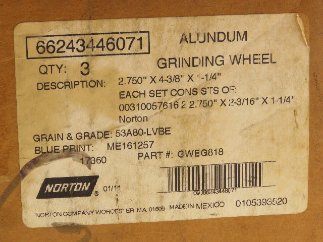 Norton GWBG-818 Alundum Grinding Wheel 2.75x4-3/8x1-1/4" 17360 RPM Lot of 3 Sets