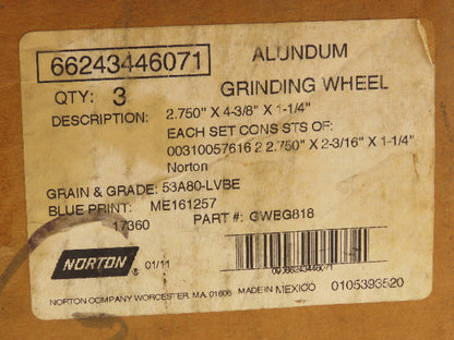 Norton GWBG-818 Alundum Grinding Wheel 2.75x4-3/8x1-1/4" 17360 RPM Lot of 3 Sets