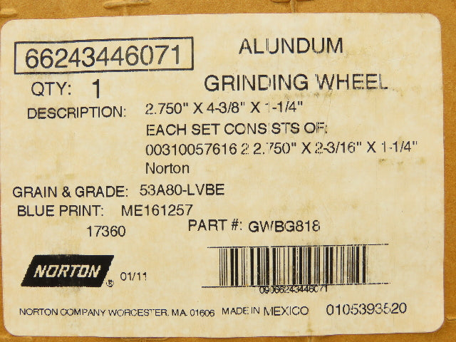 Norton GWBG-818 Alundum Grinding Wheel 2.75x4-3/8x1-1/4" 17360 RPM Lot of 3 Sets