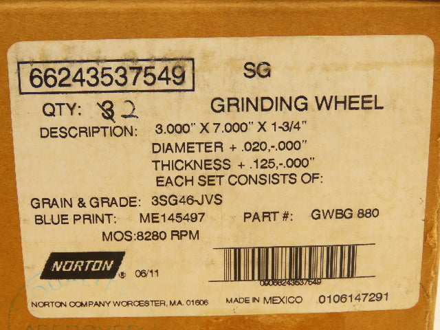 Norton GWBG-880 Alundum Grinding Wheel 3x7x1-3/4" Lot of 2 Sets