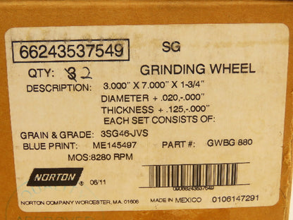 Norton GWBG-880 Alundum Grinding Wheel 3x7x1-3/4" Lot of 2 Sets