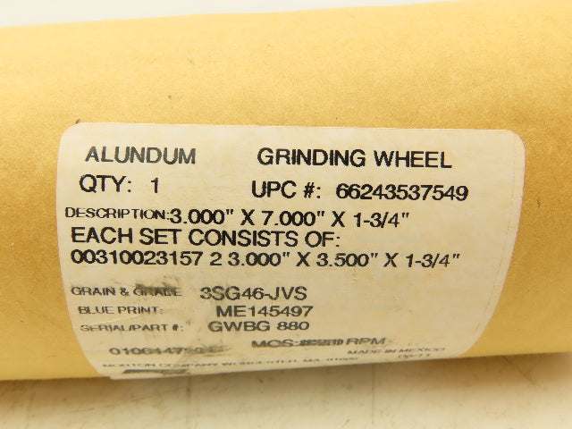 Norton GWBG-880 Alundum Grinding Wheel 3x7x1-3/4" Lot of 2 Sets