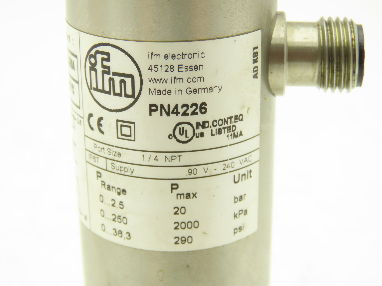 IFM PN4226 Electronic Pressure Switch 1/4" NPT 90V-240VAC IP67 0-36.3 psi Range