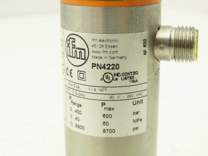 IFM PN4220 Electronic Pressure Switch 1/4" NPT 90V-240VAC IP67 0-5800 psi Range