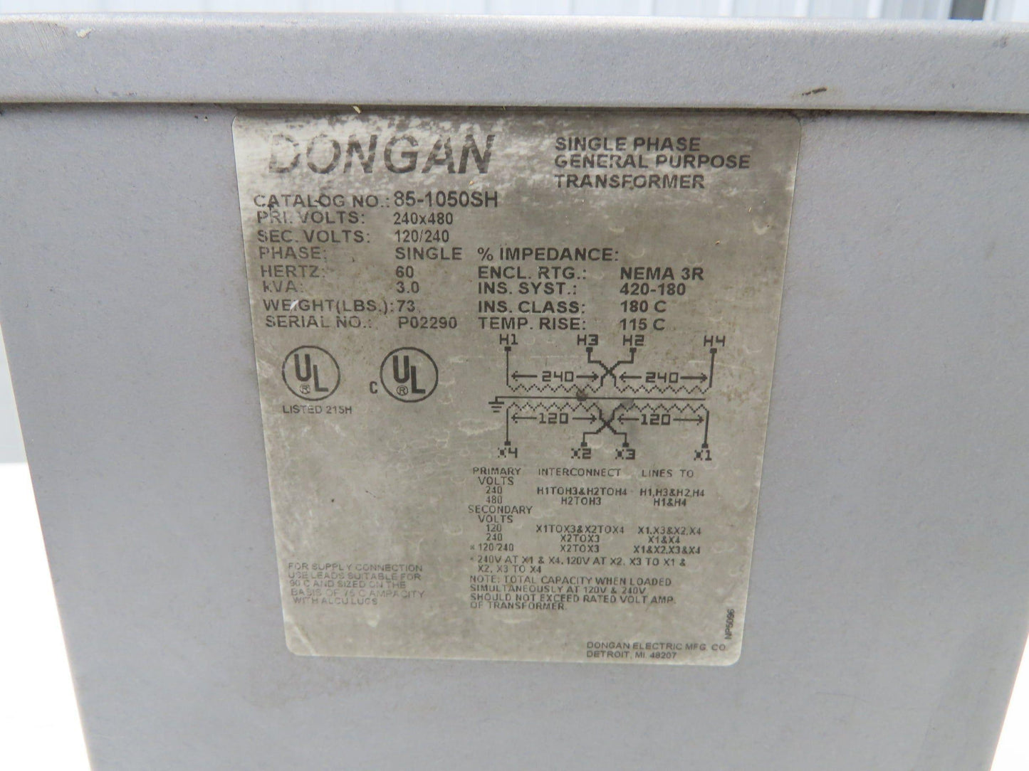 Dongan 85-1050SH Transformer 3KVA 1PH 240v/480v Pri 120v/240v Sec Wall Mount