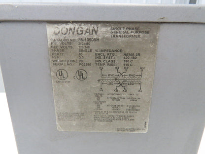 Dongan 85-1050SH Transformer 3KVA 1PH 240v/480v Pri 120v/240v Sec Wall Mount