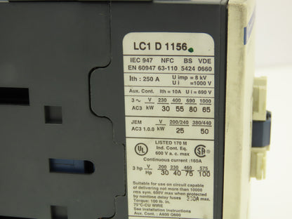 Telemecanique LC1D115 Motor Starter Contactor 250A 1000V 3 Pole 110V Coil
