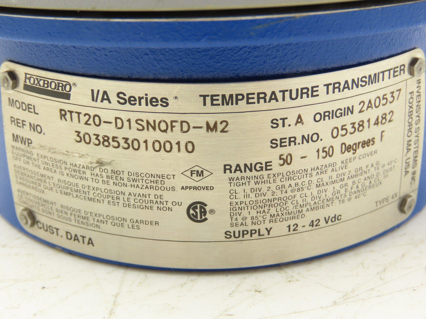 Foxboro RTT20-D1SNQFD-M2 Temperature Transmitter 12-42vdc I/A Series 0-150° F