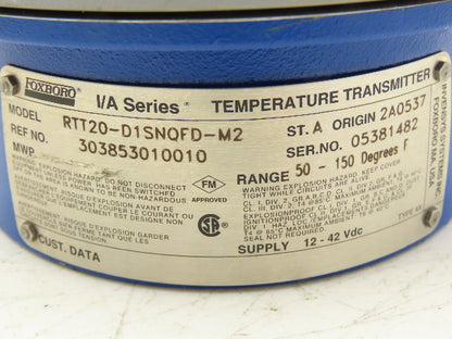 Foxboro RTT20-D1SNQFD-M2 Temperature Transmitter 12-42vdc I/A Series 0-150° F