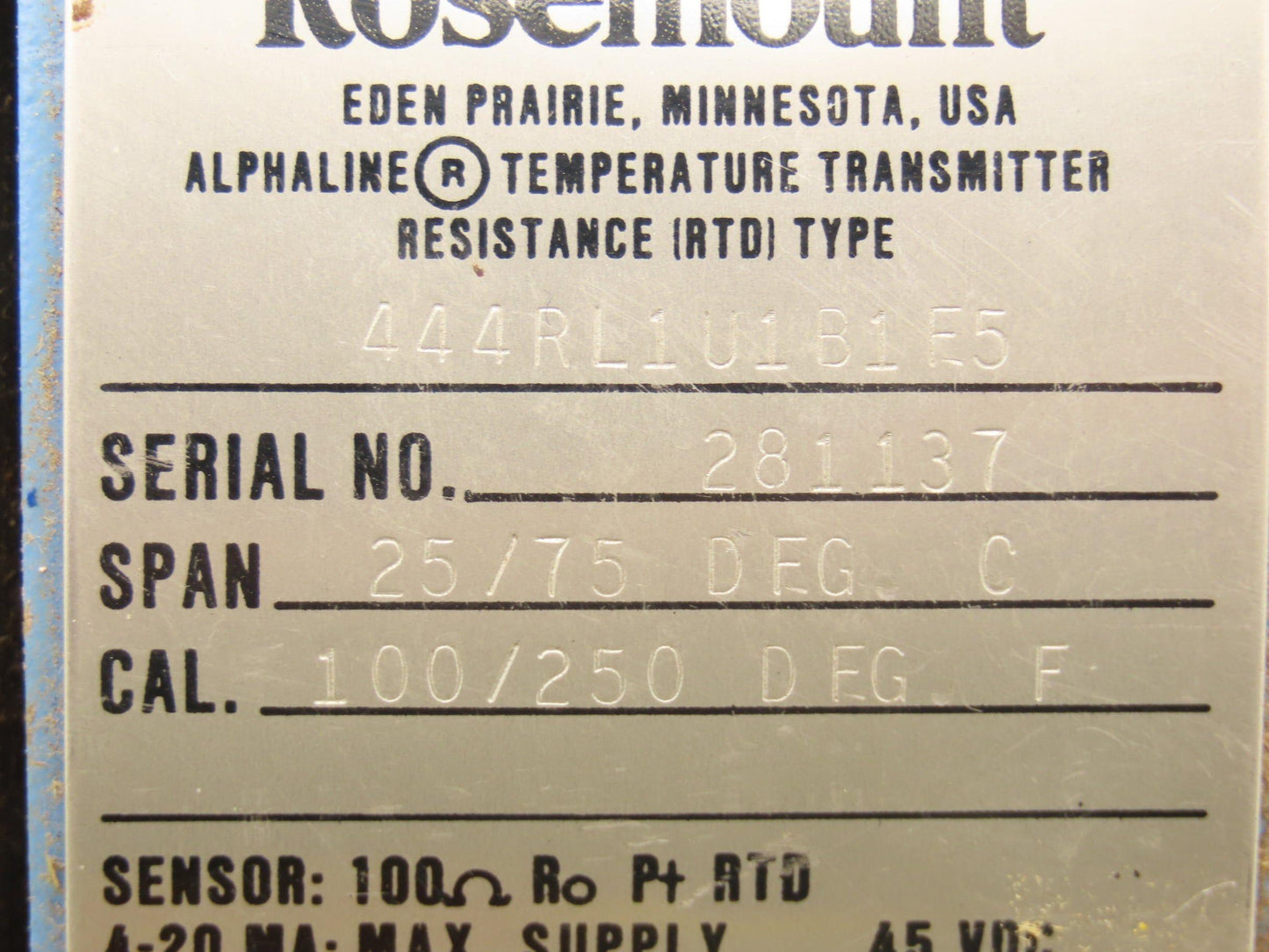 Rosemount 0444RL1U1B1E5 Temperature Transmitter 45VDC 100-250° F No Guage