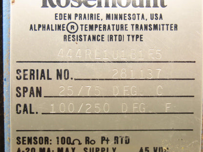 Rosemount 0444RL1U1B1E5 Temperature Transmitter 45VDC 100-250° F No Guage