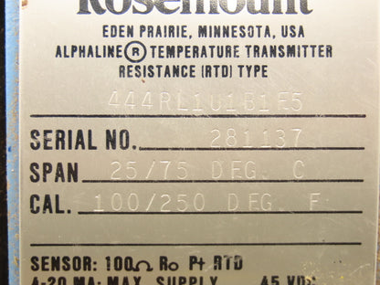 Rosemount 0444RL1U1B1E5 Temperature Transmitter 45VDC 100-250° F No Guage