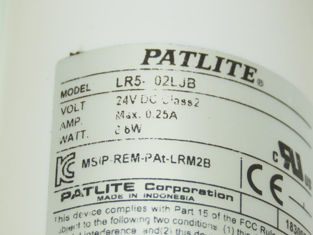 PatLite LR5-02LJB Signal Lamp Light Stack Tower Red Orange Green 24VDC 6.6W