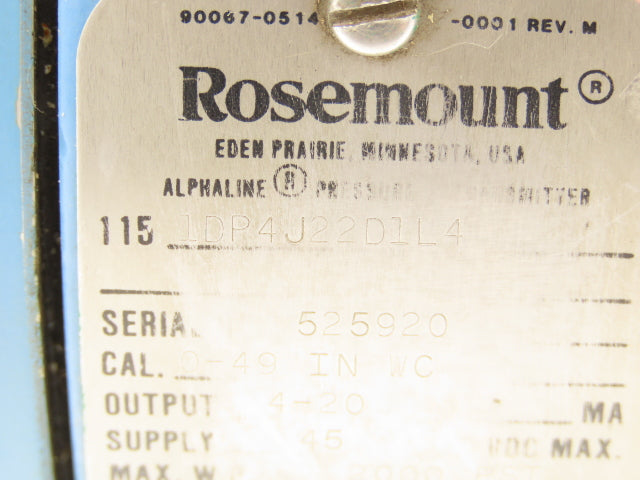 Rosemount 1DP4J22D1L4 1DP4J22D1L4 Pressure Transmitter 45VDC 2000 PSI Haz Loc