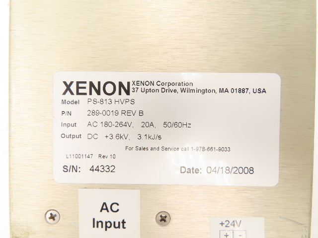 Xenon 289-0019 PS-813 HVPS Power Supply 3.6kVDC 3.1kJ/s Out 240VAC 1Ph 20A In